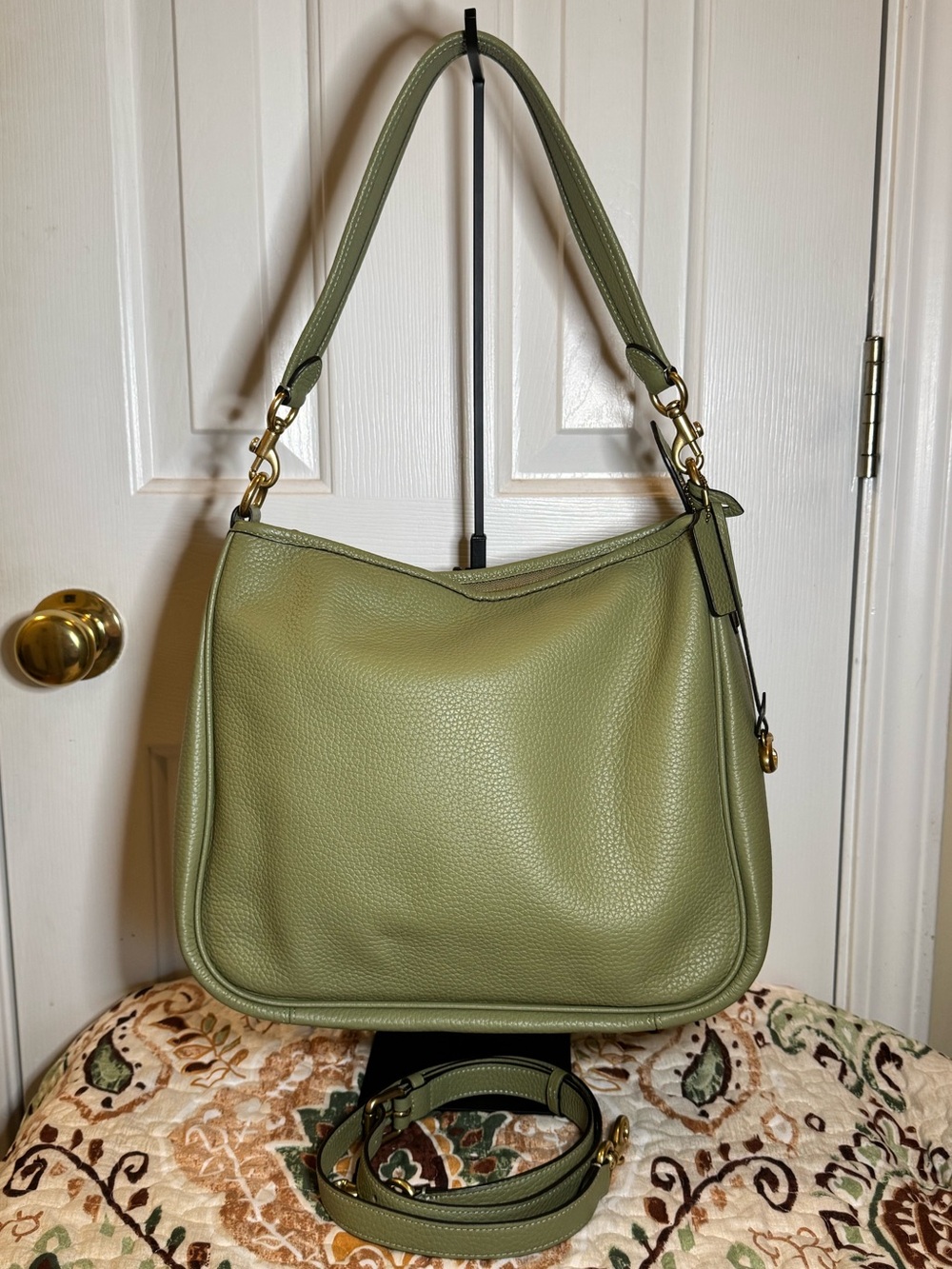 Coach Olive Green Pebble Leather Shoulder Bag with Detachable Strap
